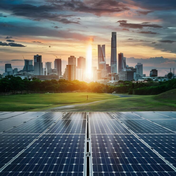 solar-panel-with-modern-country-town-city-construction-skyscrapers-backgroundclean-alternative_926199-3072146